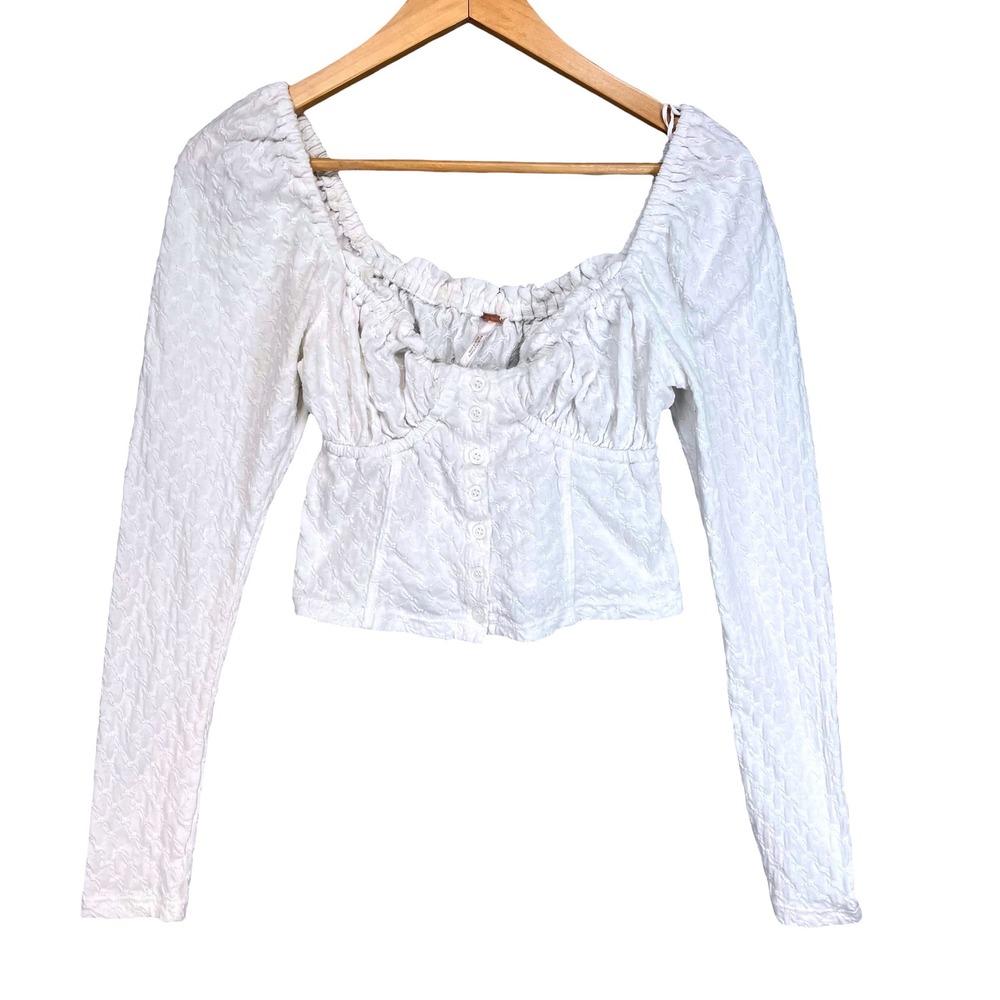 Free People White Textured Button Front‎ Milkmaid Long Sleeve Cropped Top Small